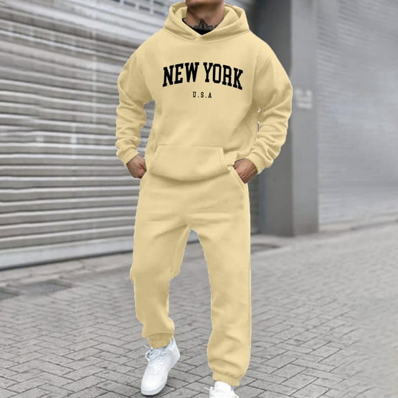 HOMADLES Men Sweatpants Tracksuit Set 2 Pcs Solid Long Sleeve Pullover Hoodie and Baggy Sweatpants Drawstring Casual Jogger Outfits Yellow M