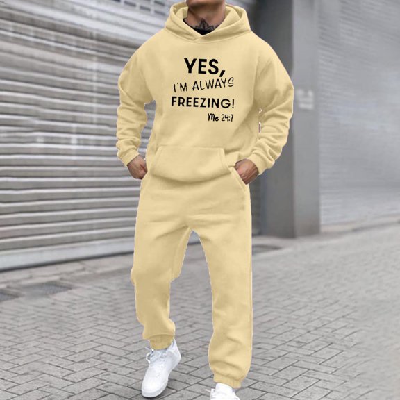 HOMADLES Men Sweatpants Tracksuit Set 2 Pcs Solid Long Sleeve Pullover Hoodie and Baggy Sweatpants Drawstring Casual Jogger Outfits Yellow S