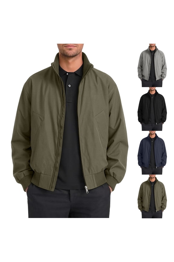 Men's Bomber Jacket Stand Collar Full Zip Up Jacket Solid Long Sleeve Flight Jackets Navy Size S