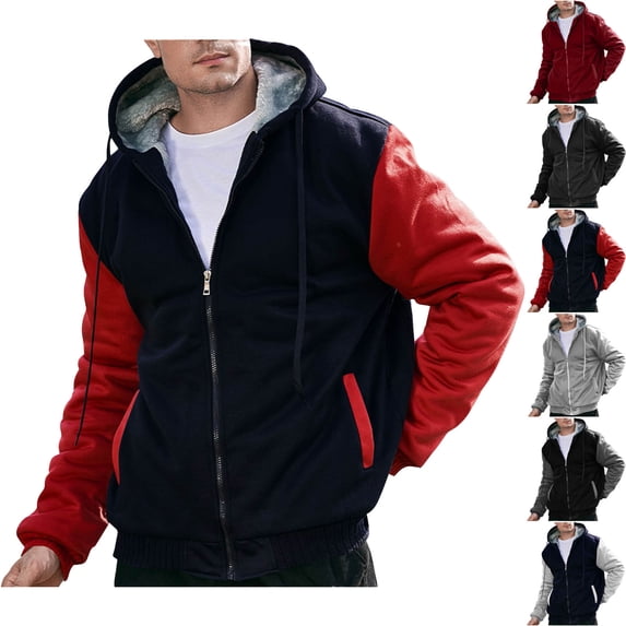 HOMADLES Men's Fleece-Lined Hooded Jacket Long Sleeve Winter Thermal Zip Up Jacket Windproof Casual Outerwear for Cold Weather Blue Size M