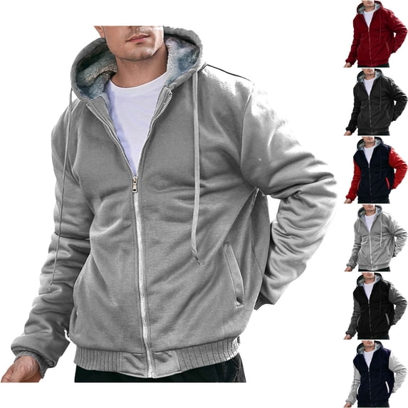 HOMADLES Men's Fleece-Lined Hooded Jacket Long Sleeve Winter Thermal Zip Up Jacket Windproof Casual Outerwear for Cold Weather Gray Size 2XL