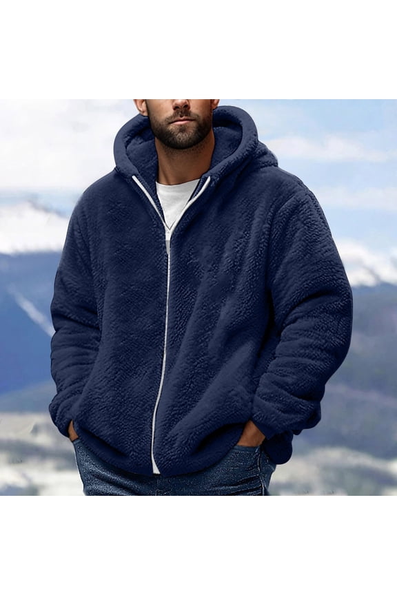 Men's Fleece Lined Jacket Hooded Full Zipper Solid Heavyweight Long Sleeve Winter Warm Coat for Men Outdoor Casual Sherpa Jacket, Navy 3XL