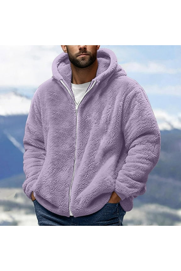 Men's Fleece Lined Jacket Hooded Full Zipper Solid Heavyweight Long Sleeve Winter Warm Coat for Men Outdoor Casual Sherpa Jacket, Purple M