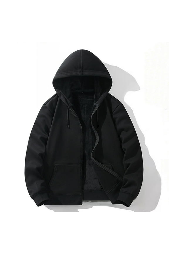 Men's Fleece Lined Jacket Hooded Solid Long Sleeve Warm Coat for Men Outdoor Sherpa Jacket Cardigan Sweatshirt Coat for Men, Black M