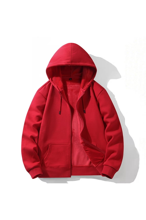Men's Fleece Lined Jacket Hooded Solid Long Sleeve Warm Coat for Men Outdoor Sherpa Jacket Cardigan Sweatshirt Coat for Men, Red 5XL