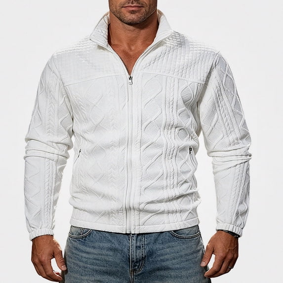 HOMADLES Men's Full Zipper Sweatshirts Stripe Print Winter Warm Jacket Long Sleeve Casual Jacket White Size L
