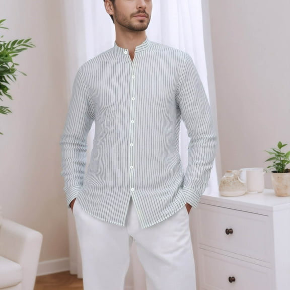 HOMADLES Men's Long Sleeve Button Up Shirts Linen Stripes Collar Solid Business Formal Dress Shirt White 2XL