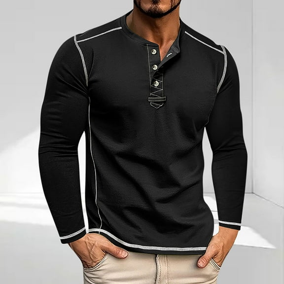 HOMADLES Men's Long Sleeve Henley Shirts for Men Lightweight Button Soft Stretch Mens T Shirts Plaid Style, Casual Tee Black L