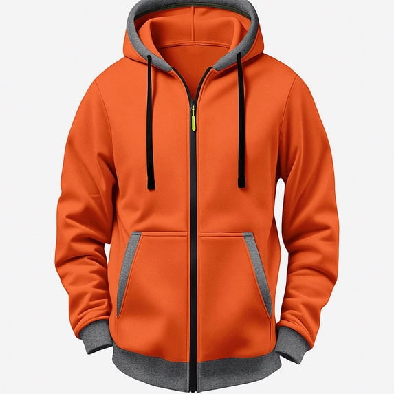 HOMADLES Men's Long Sleeve Hoodie Winter Thicken Full Zipper Hooded Sweatshirts Drawstring Solid Color Casual Jacket Orange Size 3XL