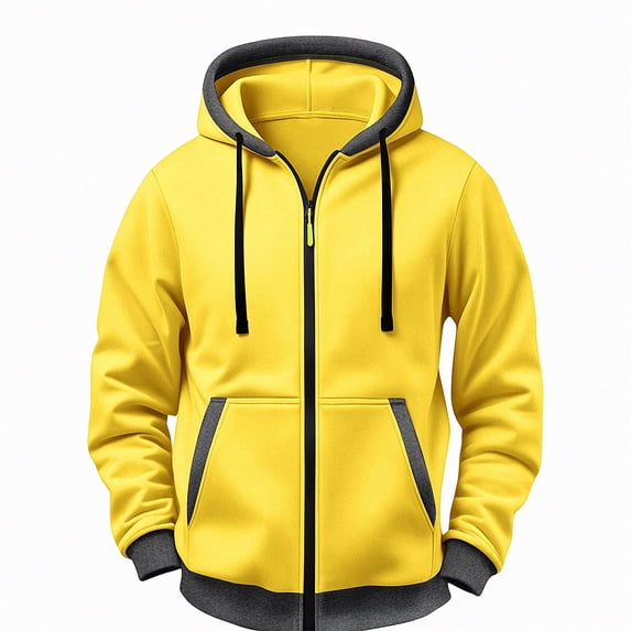 HOMADLES Men's Long Sleeve Hoodie Winter Thicken Full Zipper Hooded Sweatshirts Drawstring Solid Color Casual Jacket Yellow Size 2XL