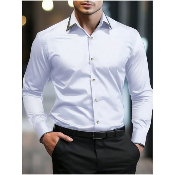 HOMADLES Men's Long Sleeve Shirts Lapel Solid Slim Tops Breathable Casual Formal Dress Shirt White M