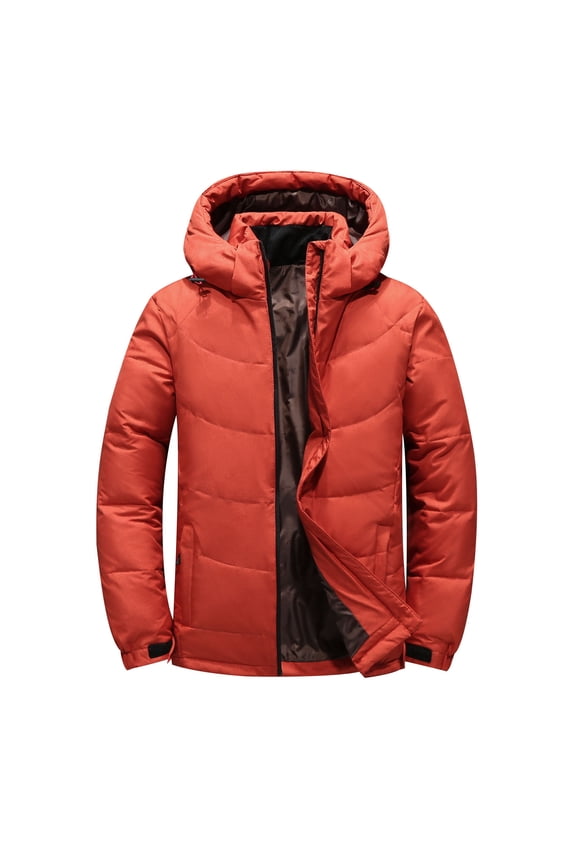 Men’s Puffer Jacket Hood Warm Down Thickening Winter Warm Solid Outdoor Casual Softshell Quilted Puffer Outerwear Orange M