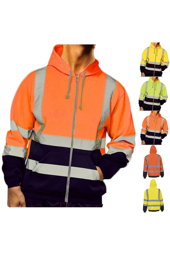 Men's Reflective Hooded Jacket Safety Work Jacket with Zipper Contrast Panels High Visibility Streetwear Work Coat Yellow Size M