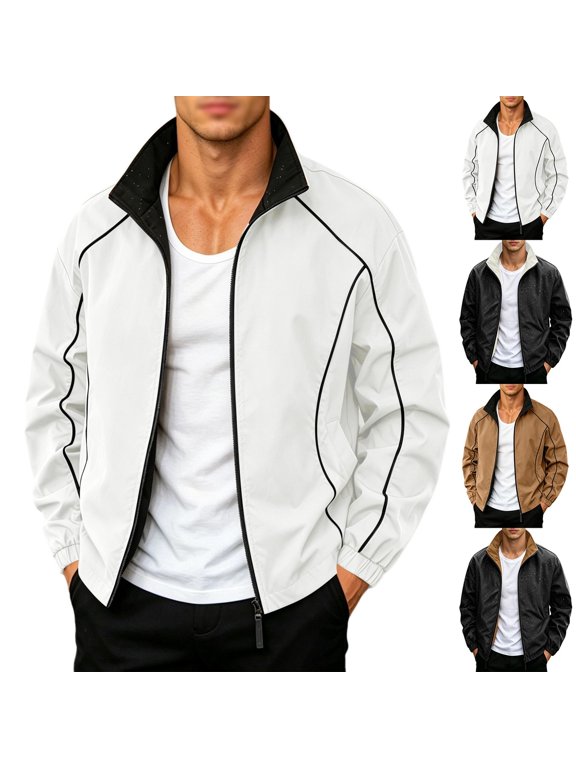 Men’s Reversible Flight Jacket Stand Collar Loose Fit Lightweight Jacket Solid Color Casual Jackets White Size 2XL