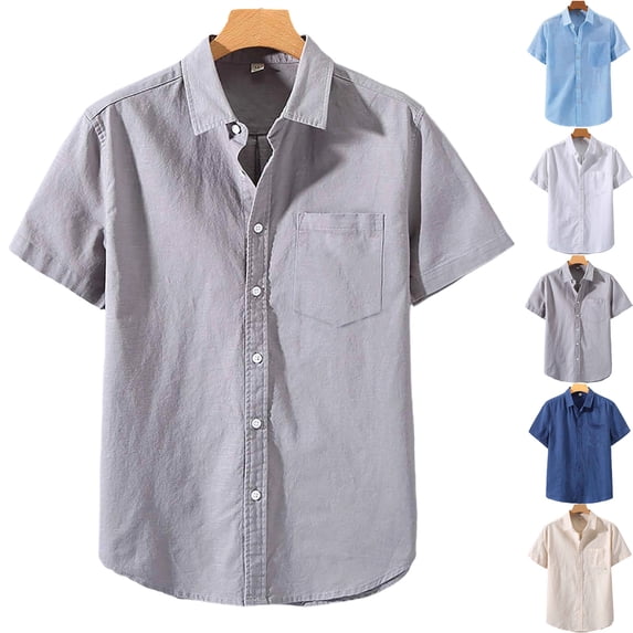 HOMADLES Men's Short Sleeve Button Shirts Summer Linen Tops Regular Fit Solid Dress Shirt Men, Gray L
