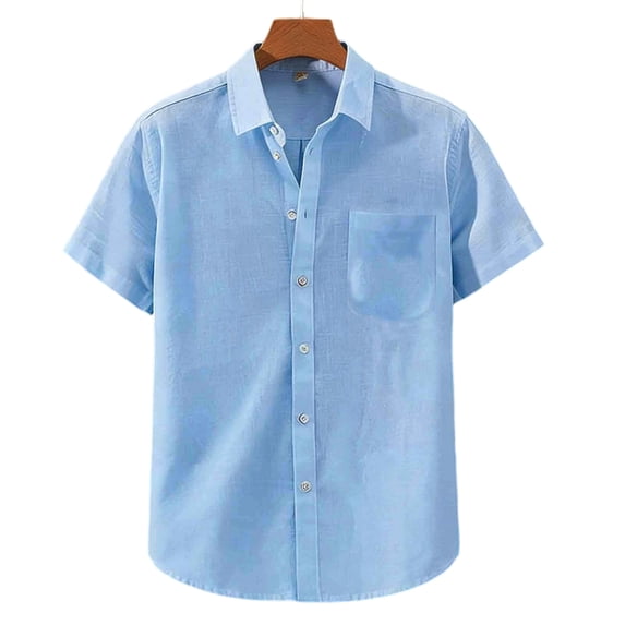 HOMADLES Men's Short Sleeve Button Shirts Summer Linen Tops Regular Fit Solid Dress Shirt Men, Light Blue L