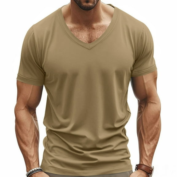 HOMADLES Men's Short Sleeve Tee V-neck Muscle Summer Casual Breathable Pullover Short Sleeve Khaki L