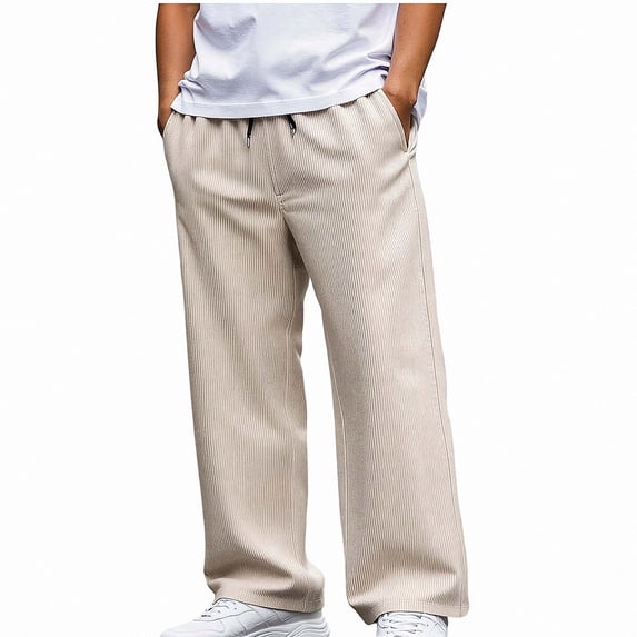 HOMADLES Men's Solid Color Pants Straight Leg Elastic Waist Flat Pants Side Pockets Casual Pants Khaki Size 2XL