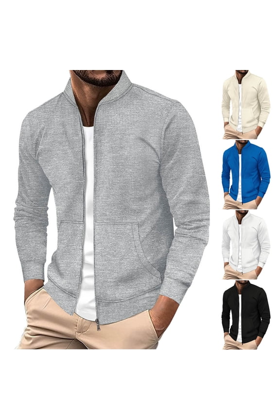 Men's Solid Color Waffle Knit Jacket Stand Collar Zip-Up Lightweight Cardigan with Long Sleeves Thermal Outerwear for Fall & Spring Gray Size S