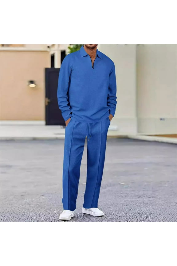 Men's Tracksuits 2Pcs Set, Casual Zipper Pullover Jogging Pants Tracksuit Men Leisure Suits Blue 3XL