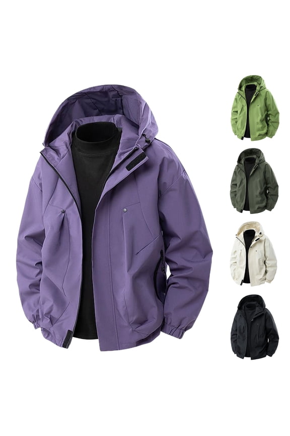 Men's Waterproof Work Jacket Zipper Up Windproof Hooded Jacket Multi-pocket Long Sleeve Workwear Jacket Black Size M