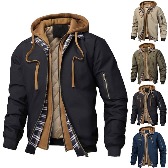 HOMADLES Men's Zip Up Jacket Long Sleeve Windbreaker Hoodie Jacket Fashion Fake Layered Coat Bomber Jacket for Cold Weather Black Size M