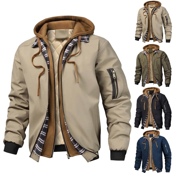 HOMADLES Men's Zip Up Jacket Long Sleeve Windbreaker Hoodie Jacket Fashion Fake Layered Coat Bomber Jacket for Cold Weather Khaki Size XL