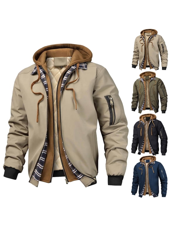 Men's Zip Up Jacket Long Sleeve Windbreaker Hoodie Jacket Fashion Fake Layered Coat Bomber Jacket for Cold Weather Khaki Size XL