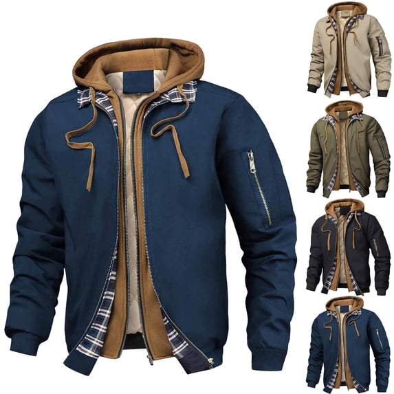 HOMADLES Men's Zip Up Jacket Long Sleeve Windbreaker Hoodie Jacket Fashion Fake Layered Coat Bomber Jacket for Cold Weather Navy Size 3XL