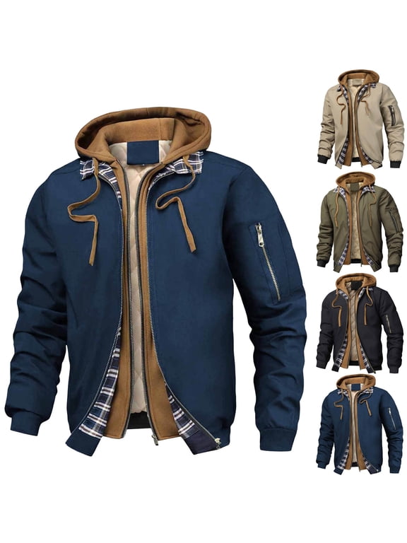 Men's Zip Up Jacket Long Sleeve Windbreaker Hoodie Jacket Fashion Fake Layered Coat Bomber Jacket for Cold Weather Navy Size S