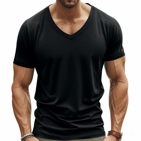 HOMADLES Men’s and Big Men’s Casual T-shirt V-neck Muscle Solid Loose Pullover Short Sleeve Black XL