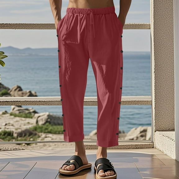 HOMADLES Men’s and Big Men's Stretch Cargo Joggers Linen Elastic Waist Lightweight Breathable Solid, Sweatpants Wine