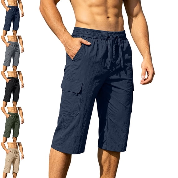 HOMADLES Mens Capri Cargo Pants Loose Fit Elastic Waist Drawstring Workout Pants Big and Tall Athletic Pants Khaki Size 4XL