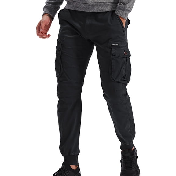 HOMADLES Mens Cargo Pants with Pockets Outdoor Workout Drawstring Elastic Waist Straight Slim Fit Pants Trousers Black 32