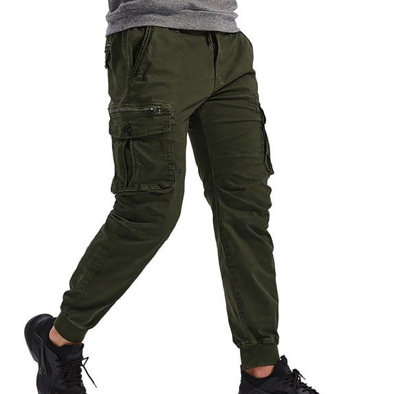 HOMADLES Mens Cargo Pants with Pockets Straight Slim Fit Pants Outdoor Workout Elastic Waist Drawstring Trousers Army Green 38