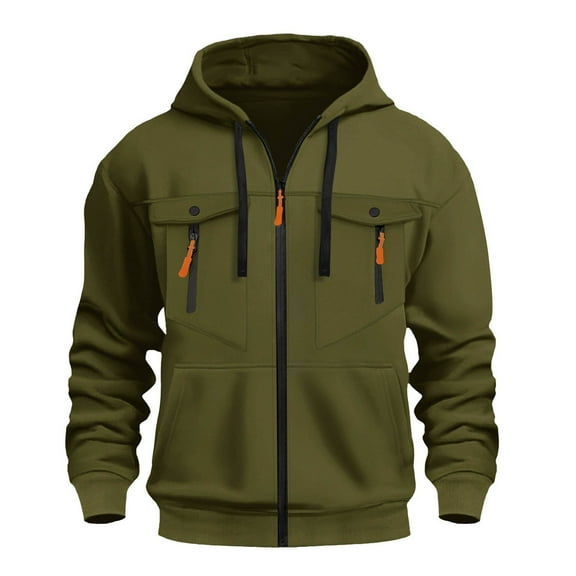 HOMADLES Mens Casual Cardigan Hood Drawstring Multipockets Zipper Long Sleeve Jacket for Men Outdoor Hiking Coat, Army Green S