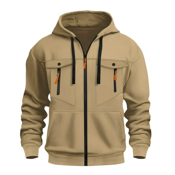HOMADLES Mens Casual Cardigan Hood Drawstring Multipockets Zipper Long Sleeve Jacket for Men Outdoor Hiking Coat, Khaki 2XL