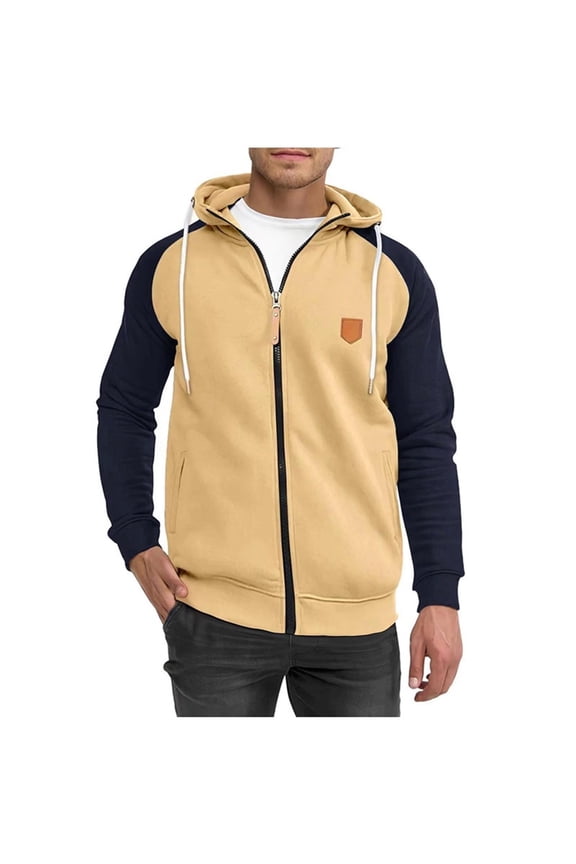 Mens Casual Heavyweight Jacket Hood Drawstring Windproof Color Block Cardigan, Camel S