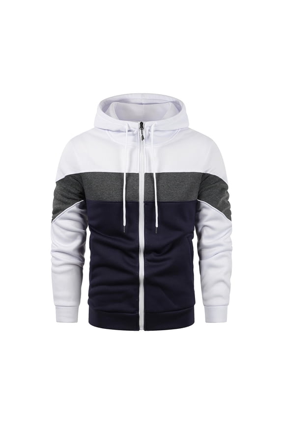 Mens Casual Heavyweight Jacket Hood Drawstring Windproof Color Block Cardigan, White S