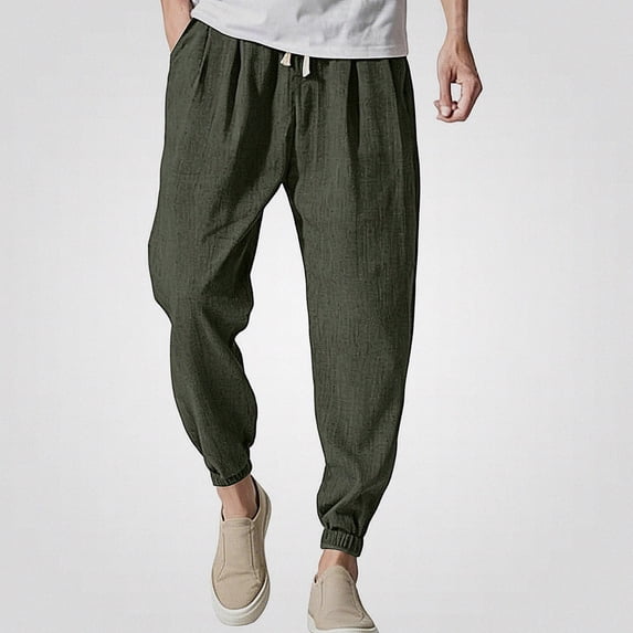 HOMADLES Mens Casual Linen Joggers Pants Elastic Waist Loose Fit Sports Pants Side Pocket Outdoor Athletic Pants Army Green Size 3XL