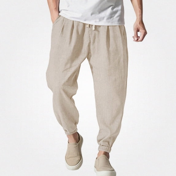 HOMADLES Mens Casual Linen Joggers Pants Elastic Waist Loose Fit Sports Pants Side Pocket Outdoor Athletic Pants Beige Size XL