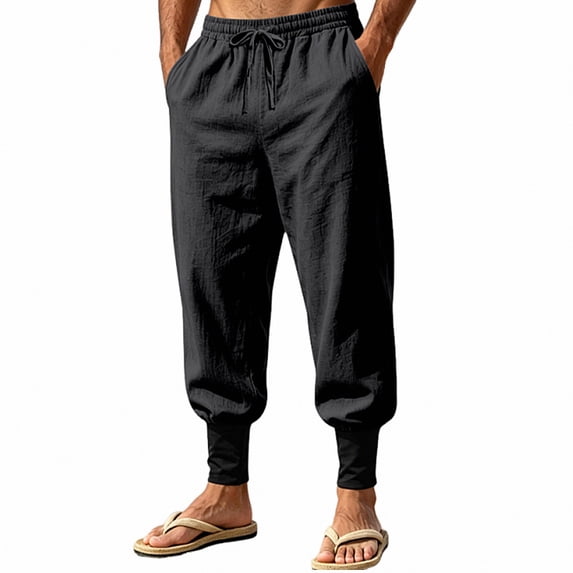 HOMADLES Mens Casual Linen Joggers Pants Elastic Waist Loose Fit Sports Pants Side Pocket Outdoor Athletic Pants Black Size 3XL
