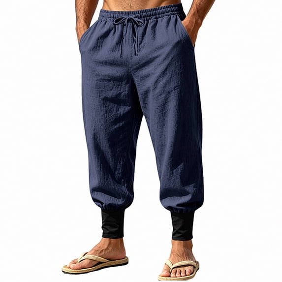 HOMADLES Mens Casual Linen Joggers Pants Elastic Waist Loose Fit Sports Pants Side Pocket Outdoor Athletic Pants Navy Size 2XL