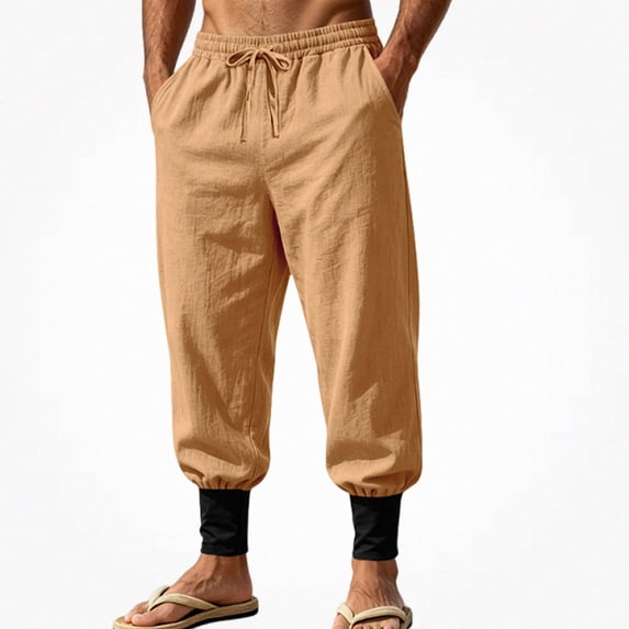 HOMADLES Mens Casual Linen Joggers Pants Elastic Waist Loose Fit Sports Pants Side Pocket Outdoor Athletic Pants Yellow Size L