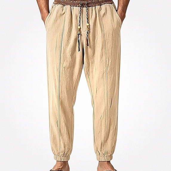 HOMADLES Mens Casual Linen Joggers Pants Elastic Waist Side Pocket Sports Pants Outdoor Athletic Pants Khaki Size L
