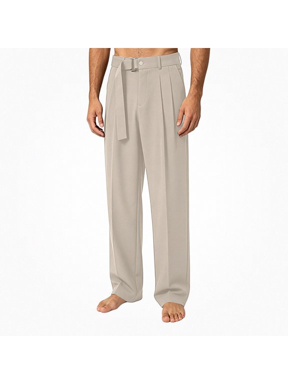 Mens Dress Pants Loose Fit Flat Front Casual Pants Side Pocket Solid Color Suit Pants Khaki Size L