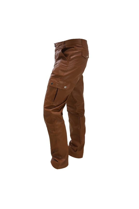 Mens Faux Leather Pants Button Slim Fit with Pocket Solid Casual Pants Brown M