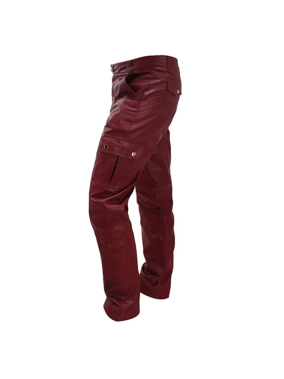 Mens Faux Leather Pants Slim Fit with Pocket Button Solid Casual Pants Red 4XL
