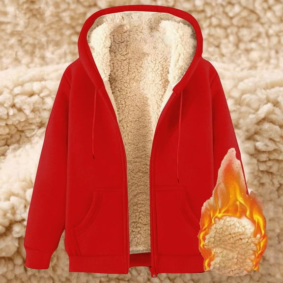 HOMADLES Men's Fleece Lined Jacket Hooded Full Zipper Solid Heavyweight Long Sleeve Winter Warm Coat for Men with Pockets Outdoor Casual Sherpa Jacket Red 2XL