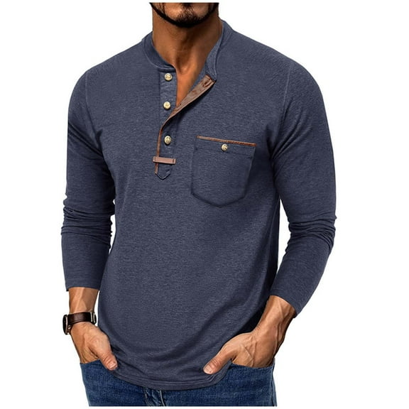 HOMADLES Mens Henley Shirt for Men Crewneck Long Sleeve Casual Stretch Soft Pullovber Mens T Shirts on Front Button, Basic Shirt Long Sleeve Style A Dark Blue